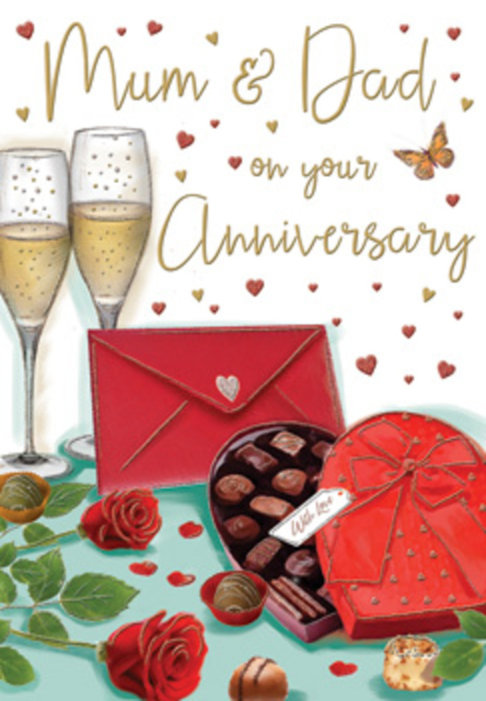 Detailed anniversary card artwork capturing the intimacy of a shared celebration, as if set in a Kentish Town home after dusk. The composition centres on two tall champagne flutes, their stems slender and refined, holding sparkling golden wine where tiny bubbles seem suspended mid-rise, hinting at the sound of an imminent clink between partners or devoted parents. In front of them, an opulent heart-shaped chocolate box in rich red rests open, its softly curved lid tipped back to reveal a careful arrangement of glossy chocolates, each nestled like a small secret to be savoured together. To the side, two plush red roses, framed by full, green leaves, lie as though freshly placed down from a florist's hand-tied bouquet, the petals layered and velvety, mirroring the sort of premium stems often arranged for anniversaries around Tufnell Park and Kentish Town. A scatter of loose chocolates on the tabletop adds a playful, human touch, suggesting that the treats are already being enjoyed. A bright, romantic red envelope, bearing the promise of loving words, rests nearby, its angled placement hinting at a message addressed warmly to Mum & Dad. In the backdrop, soft clouds of golden light and clusters of floating hearts in crimson and shimmering gold swirl around the scene, echoing the feeling of celebration that lingers after a favourite restaurant meal on nearby Kentish Town Road. The whole illustration radiates tenderness, gratitude, and the kind of enduring love that is honoured year after year with flowers, champagne, and a thoughtfully chosen anniversary card.