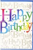 A bright, modern birthday card fills the frame, its design radiating the same upbeat energy you might feel stepping out for a celebration near Kentish Town station. At the centre, the words Happy Birthday stretch across the card in generous, rounded letters, each one dressed in a rich rainbow gradient that moves from bold scarlet and orange through sunshine yellow and grassy green to ocean blue and royal purple. The transitions between colours are silky and seamless, suggesting a high-quality print on smooth, slightly glossy cardstock that would feel cool and refined to the touch. Behind this assertive, colourful message, the backdrop is entirely covered in flowing golden script that repeats the phrase Happy Birthday to you in an elegant, cursive hand, like a favourite tune softly repeated at a family gathering in a Kentish Town townhouse. This gold writing is more delicate and faint, lying just out of sharp focus, so it creates a shimmering, decorative texture rather than demanding attention. Scattered lightly across the composition are pinpoints of colour and tiny star-like flecks, mimicking the effect of confetti caught mid-air or tiny fairy lights twinkling in a birthday marquee on a Hampstead Heath evening. The lighting in the photograph is balanced and gentle, highlighting the rainbow letters and subtle metallic gleam of the background without glare. Overall, the card feels lively yet tasteful, ideal for pairing with a vibrant birthday bouquet delivered locally to bring a sense of genuine celebration to someone special in and around Kentish Town.