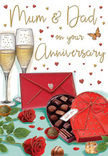 Atmospheric anniversary card illustration that feels like an intimate evening celebration in Kentish Town, composed around a table set with symbolic tokens of love. Two graceful champagne flutes stand close together, filled with pale, effervescent gold, each bubble captured mid-ascent so the drinks appear alive with anticipation, ready for a heartfelt anniversary toast. Nestled in front, an open heart-shaped box of chocolates, cloaked in rich red with an elegant bow, reveals rows of smooth, rounded chocolates glistening softly, evoking indulgence and shared sweetness after a meal. To one side, a pair of deep crimson roses rest over fresh green foliage, their lush, velvety petals rendered with the realism of hand-picked blooms from a trusted Kentish Town florist such as Flower Delivery Kentish Town. A few individual chocolates are scattered nearby, adding a relaxed, authentic note as if someone has already reached for a favourite. On the other side, a vivid scarlet envelope sits ready, its surface clean and slightly glossy, suggesting an affectionate anniversary message written to Mum & Dad. Around this central still life, the background is alive with golden glows and soft trails of floating hearts in shades of red and metallic gold, drifting like confetti in lamplight along the quieter streets off Highgate Road. The overall mood is warm, romantic, and family-centred, a gentle celebration of years shared together, brought to life with flowers, chocolate, and sparkling wine that could easily accompany a same-day flower delivery for an anniversary at home in Kentish Town.